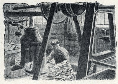 Evőeszköz-bélyegzés malommal Gravírozás az „Excursion a travers les metiers” című könyvéből, Pierre Calmette magángyűjtemény alkotó: Pierre Calmettes