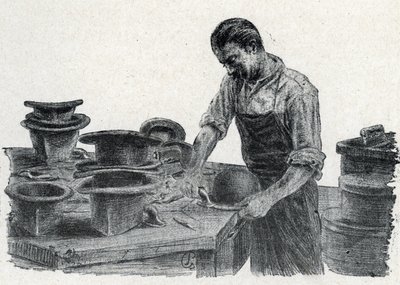 Kalapos: egy tányérkalap éleinek rögzítése (Bowler sapka készítése) Gravírozás a Pierre Calmette Magángyűjtemény „Excursion a travers les metiers” című könyvéből alkotó: Pierre Calmettes