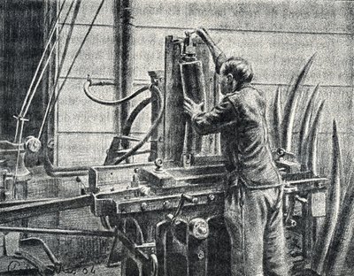 Elefántcsont kézműves elefánt agyarakat vágott Metszet a Pierre Calmette magángyűjtemény „Excursion a travers les metiers” című könyvéből alkotó: Pierre Calmettes
