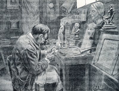 Elefántcsont-munkás elefántcsontot farag vésőkkel, kaparókkal és vájtokkal. Metszet a Pierre Calmette magángyűjtemény „Excursion a travers les metiers” című könyvéből alkotó: Pierre Calmettes