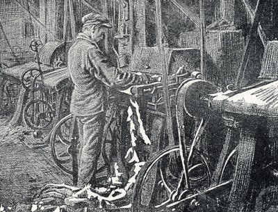 Bőripar: mechanikus szőrmenyírás. Metszet a Pierre Calmette Magángyűjtemény „Excursion a travers les metiers” című könyvéből alkotó: Pierre Calmettes