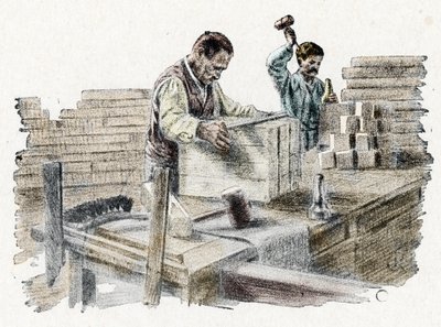 Savonnerie: le découpage des breads de soap (szappandarabok gyártása) Gravírozás a Pierre Calmette „Kirándulás a szakmák között” című könyvéből Magángyűjtemény alkotó: Pierre Calmettes