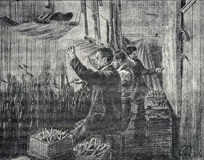 Aubusson gobelin: a kárpitosok fejjel lefelé dolgoznak Gravírozás a Pierre Calmette Collection privee „Excursion a travers les metiers” című könyvéből alkotó: Pierre Calmettes