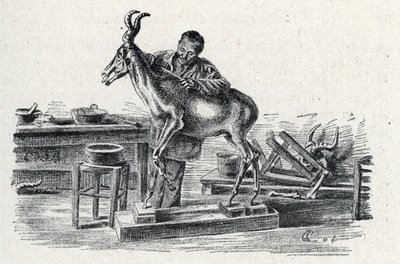 Taxidermia: Egy taxidermist hartebeest töltött a műhelyében Gravírozás az Excursion a travers les metiers című könyvéből” Pierre Calmette Collection privee alkotó: Pierre Calmettes