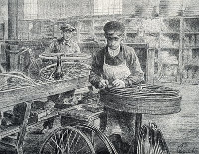 A bicikli küllőit a gyártás során a felnihez rögzítő munkások (kerékpárok gyártása) Gravírozás a Pierre Calmette Magángyűjteményből alkotó: Pierre Calmettes