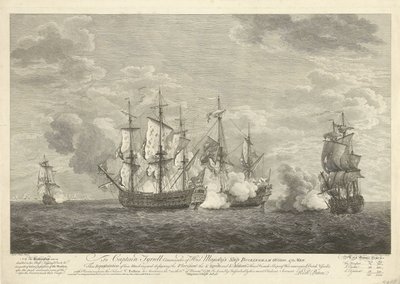 Egy angol hajó támadása három francia hajó ellen St. Eustatiusnál, 1758 alkotó: Pierre Charles Canot