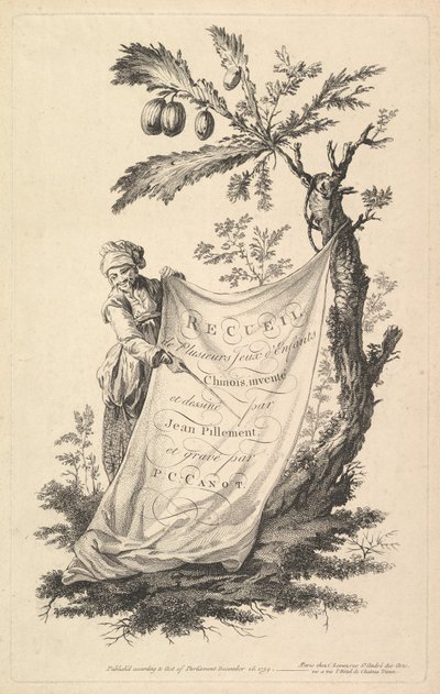Címlap: mosolygós férfi egy fügefára kötött ruha sarkát tartja, és s...-vel mutat, 1759. alkotó: Pierre Charles Canot