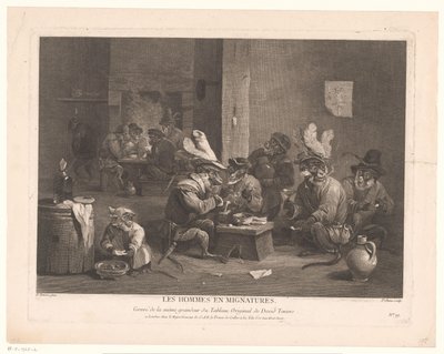 Dohányzó és ivó majmok egy fogadóban Les hommes and mignatures. (cím a tárgyon) alkotó: Pierre Chenu