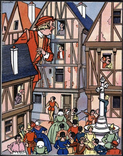 Az óriási Gargantua Chinon utcáin Illusztráció: Pierre Couselles (meghalt 1938) Francois Rabelais „Gargantua” című művéből alkotó: Pierre Courselles