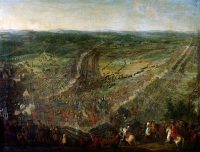 Augsburgi Liga háborúja: „” Fleurusi csatát a luxemburgi marechal nyert az Egyesült Tartományok (Egyesült Tartományok), a Birodalmak, Spanyolország és Nagy-Britannia koalíciójának fegyverei ellen 1690.07.01-én”” Festmény Pierre Denisnek tulajdonítják alkotó: Pierre Denis (attr.to) Martin