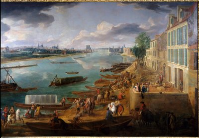 Párizs kilátása, a Quai de la Rapee-ről 1716-ban Részlet a Szajnán lévő hajókról és a tevékenységekről. Pierre Denis Martin (1663-1742) festménye 1716 V. 1,7x3,15 m Párizs, Musee Carnavalet. alkotó: Pierre Denis Martin
