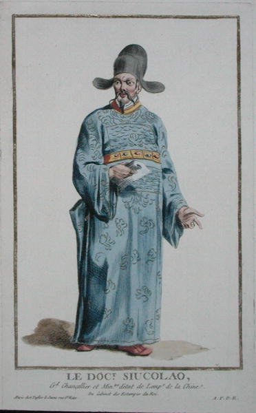 Doctor Siucolau a "Receuil des Estampes, Representant les Rangs et les Dignites, suivant le Costume de toutes les Nations existantes" című, 1780-ban megjelent kötetből (kézzel színezett metszet). alkotó: Pierre Duflos
