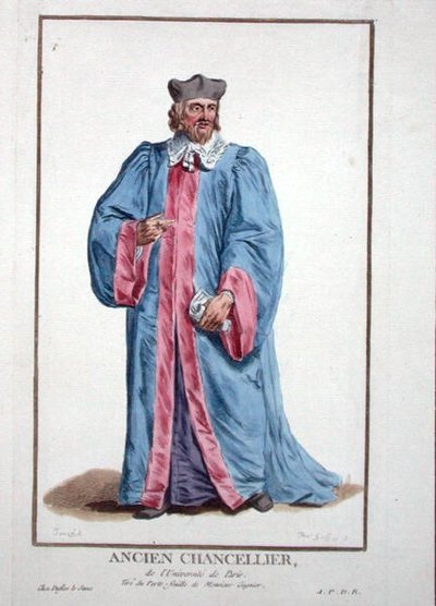 A párizsi egyetem kancellárjának ruhája a "Receuil des Estampes, Representant les Rangs et les Dignites, suivant le Costume de toutes les Nations existantes" című, 1780-ban megjelent kiadványból (kézzel színezett metszet). alkotó: Pierre Duflos