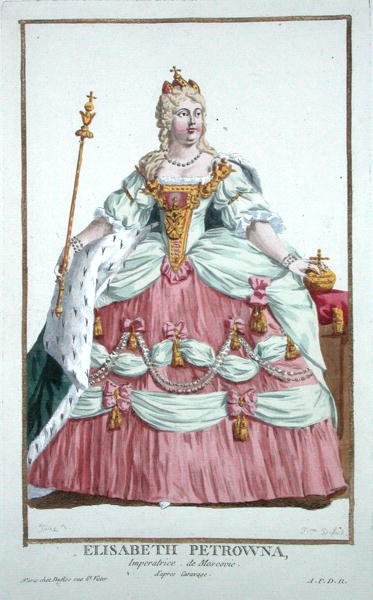 Erzsébet Petrovna (1709-62) Oroszország császárnője (1741-62) a Receuil des Estampes-ből, a rangokat és a méltóságokat képviselő, az összes létező nemzet viselete szerint, 1780-ban (kézzel színezett metszet) alkotó: Pierre Duflos