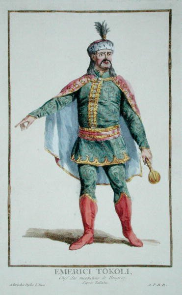 Emerici Tokoli, Magyarország Malcontents főnöke a „Receuil des Estampes, Representant des Rangs et des Dignites, az összes létező nemzet viselete szerint” 1780-ban megjelent (kézzel festett metszet) alkotó: Pierre Duflos