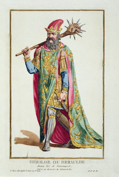 Harold, Dánia királya a "Receuil des Estampes, Representant les Rangs et les Dignites, suivant le Costume de toutes les Nations existantes" című, 1780-ban megjelent kiadványból (kézzel színezett metszet). alkotó: Pierre Duflos