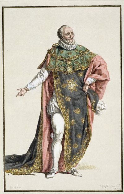 IV. Henrik (1553-1610) francia király, a Receuil des Estampes-ből, rangokat és méltóságokat képvisel, az összes létező nemzet viseletét követve, 1780-ban megjelent (kézzel színezett metszet) alkotó: Pierre Duflos