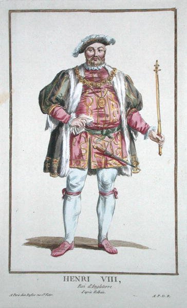 VIII. Henrik (1491-1547) Anglia királya (1509-47) a Receuil des Estampes-ből, a rangokat és a dignitákat képviselő, az összes létező nemzet viselete szerint, 1780-ban (kézzel színezett metszet) alkotó: Pierre Duflos