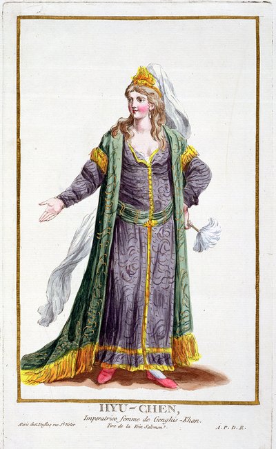 Hyu-Chen, Dzsingisz kán felesége, a Receuil des Estampes-ből, a rangokat és a méltóságokat képviselő minden létező nemzet jelmeze szerint, 1780-ban (kézzel színezett metszet) alkotó: Pierre Duflos