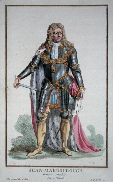 John Churchill (1650-1722) Marlborough hercege a "Receuil des Estampes, representant les Rangs et les Dignites, suivant le Costume de toutes les Nations existantes" című, 1780-ban megjelent kiadványból (kézzel színezett metszet). alkotó: Pierre Duflos