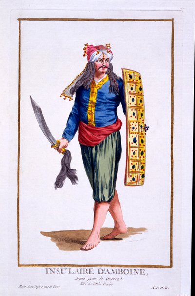 Amboine szigetének őslakosai, háborúra felfegyverkezve, a „Recuil des Estampes, Representant les Rangs et des Dignités, a Costume of All Existing Nations szerint”, 1780-ban jelent meg (kézzel színezett e alkotó: Pierre Duflos
