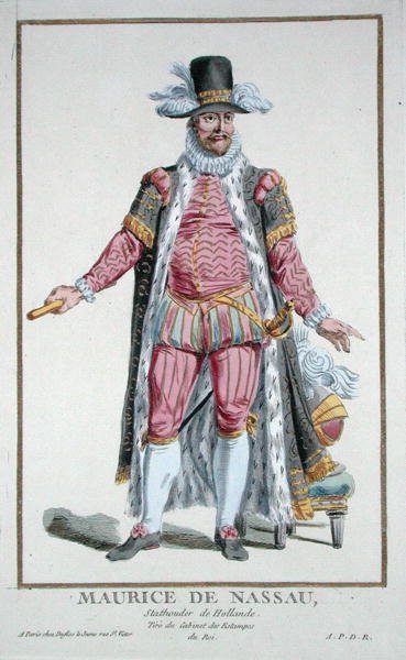 Maurice nassaui herceg (1567-1625), a Holland Köztársaság városháza, a "Receuil des Estampes, representant les Rangs et les Dignites, suivant le Costume de toutes les Nations existantes" című, 1780-ban megjelent kiadványból (kézzel színezett metszet). alkotó: Pierre Duflos