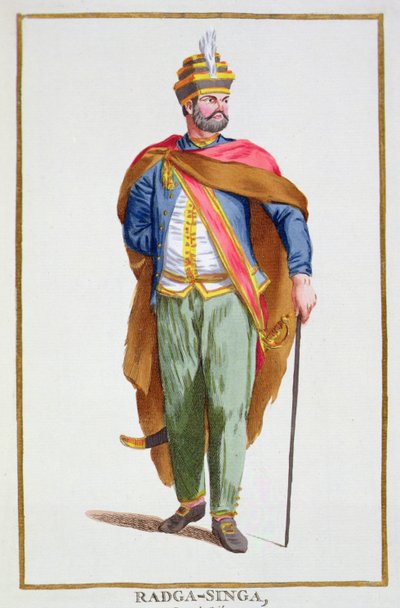 Raja-Singa ceyloni király a "Receuil des Estampes, Representant les Rangs et les Dignites, suivant le Costume de toutes les Nations existantes" című, 1780-ban megjelent kiadványból (kézzel színezett metszet). alkotó: Pierre Duflos