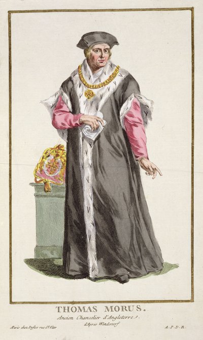 Sir Thomas More (1478-1535) a Receuil des Estampes-ből, amely a rangokat és a dignitákat képviseli, az összes létező nemzet viselete szerint, 1780-ban (kézzel színezett metszet) alkotó: Pierre Duflos
