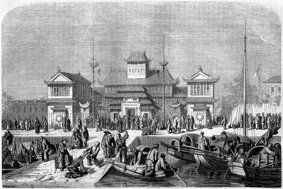 Vámnézet a sanghaji kikötőben 1860-ban, Kína. Grandsire metszete, a „Le Tour du Monde, Nouveau Journal des Voyages” című kiadványban, szerkesztette: Edouard Charton, Párizs alkotó: Pierre Eugene Grandsire
