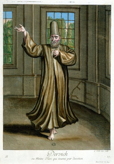 Dervich, avagy odaadóan táncoló török szerzetes, „100 levente különböző nemzeteit ábrázoló gyűjtemény 1707-ben és 1708-ban” M. de Frriol, a király portai nagykövetének parancsára, és 1712-1313-ban frissítette. M. Le Hay, Bas alkotó: Pierre François Basan