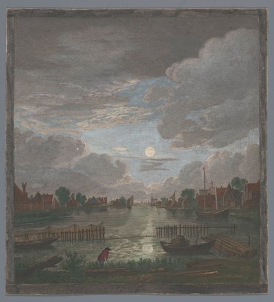 Kilátás a csatornára Haarlem városa közelében a holdfényben Vûe du canal proche de Haerlem (cím a tárgyon) alkotó: Pierre François Basan