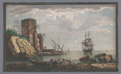 Kilátás a tengerpartra Toulon városa közelében a holdfényben Vüe ​​des environs de Toulon (cím a tárgyon) alkotó: Pierre François Basan
