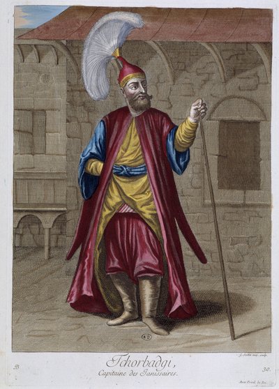 Tchorbadgi, a janicsárok kapitánya, „100 levente különböző nemzeteit ábrázoló gyűjtemény 1707-ben és 1708-ban”” M. de Frriol, a király portai nagykövetének parancsára, és 1712-1313-ban a gondossággal frissítették. M. Le Hay, Basan en alkotó: Pierre François Basan