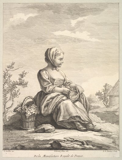 Szőlőt tartó kislány, oldalán kosárral, a Deuxième Livre de...-ből, 1757 után. alkotó: Pierre François Tardieu