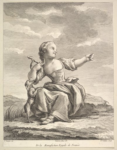 Kutyával játszó kislány, a Porcelán utáni második Ábrakönyvből..., 1757 után. alkotó: Pierre François Tardieu