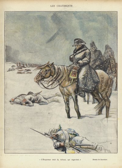 Napóleon visszavonulóban Moszkvából, illusztráció a Le Rire számára alkotó: Pierre Georges Jeanniot