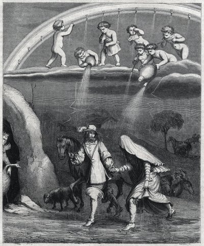 Enee-t és Didont meglepte az eső az erdőben. Paul Scarron (1610-1660) „Vergilius transzvesztita” illusztrációja, a „L