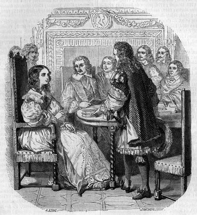Suede Christine királynő (1626-1689) látogatása a párizsi Academy Francaise-ben Richelieu bíboros jelenlétében, G. Staal metszete alkotó: Pierre Gustave Eugene Staal