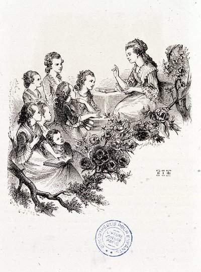 Fiatal házvezetőnő mesél egy csoport gyereknek - Leprince de Beaumont asszony „Le magasin des enfants” című művében, ill. Staal, Garnier alkotó: Pierre Gustave Eugene Staal
