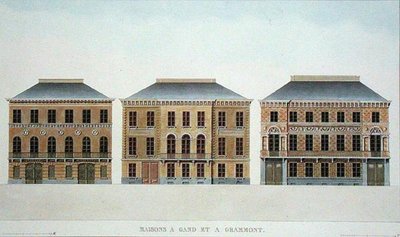 Házak Gentben és Grammontban, Belgiumban, Pierre Jacques Goetghebuer „Válogatás a Holland Királyság legjelentősebb műemlékeiből, épületeiből és házaiból”, 1827-ben (akvatinta) alkotó: Pierre Jacques (after) Goetghebuer