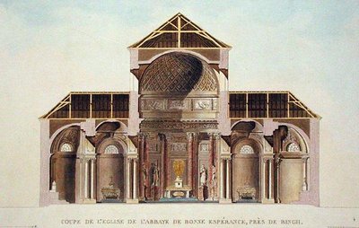A belgiumi Binche közelében található Bonne Esperance apátsági templom keresztmetszete Pierre Jacques Goetghebuer „Válogatás a Holland Királyság legjelentősebb műemlékeiből, épületeiből és házaiból”, 1827-ben (akvatinta) alkotó: Pierre Jacques Goetghebuer