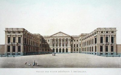 A brüsszeli Főtanácsok palotája, Pierre Jacques Goetghebuer "Choix des Monuments, Edifices et Maisons les plus remarquables du Royaume des Pays-Bas" című művéből, 1827-ben megjelent (akvatinta). alkotó: Pierre Jacques Goetghebuer
