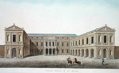 Palais Royal, Hága, Pierre Jacques Goetghebuer „Válogatás a Holland Királyság legkiemelkedőbb műemlékeiből, épületeiből és házaiból”, 1827-ben (akvatinta) alkotó: Pierre Jacques Goetghebuer