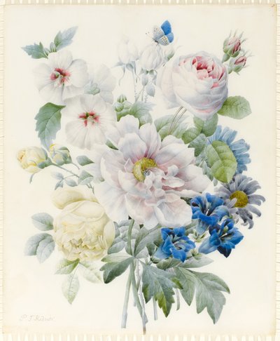 Egy csokor virág, köztük bazsarózsa, rózsa, hibiszkusz, őszirózsa, encián és egy képzeletbeli kék pillangó (grafit és wc gumiarábikum nyomokkal, grafiton a pergamen) alkotó: Pierre Joseph Redouté