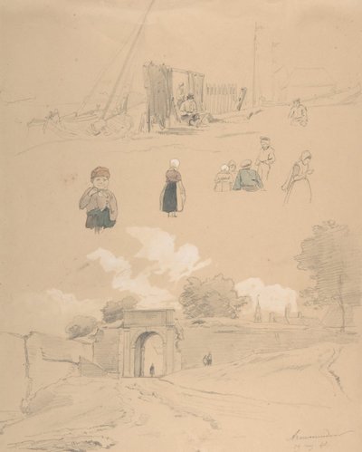 Tanulmánylap figurákkal és tájakkal a Middelburg melletti Arnemuidenben..., 19. század közepe. alkotó: Pierre Louis Dubourcq