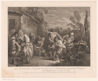 Ragotin gevlucht in een rozenstruik A sors kirántja Ragotint a rózsabokorból, amelybe belevetette magát, miközben a halottnak hitt La Rancune-ból menekült. Jelenetek Roman Comique van Scarrontól (sorozat címe) alkotó: Pierre Louis Surugue