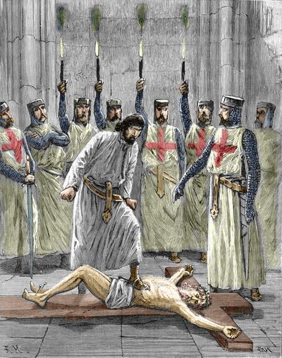 A templomosok eretneksége: egy lovag templomi rendbe lépésének szertartása, ahol a templomosok az 1307-es letartóztatásuk és perük után közzétett vallomások szerint Krisztus megtagadására és a kereszt taposására kényszerültek. alkotó: Pierre Mejanel