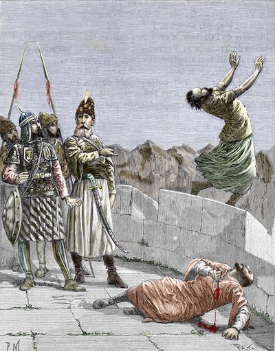 Hassan ibn al-Sabbah (1036-1124), a hegy öregjeként ismert keleti iszmaili szekta vagy a gyilkosok alapította, aki 1096 körül megparancsolta két fanatikus követőjének, hogy öljék meg magukat, Alamutban, Perzsiában” (Nizari) Iszmailizmus: Hassan ábrázolása alkotó: Pierre Mejanel