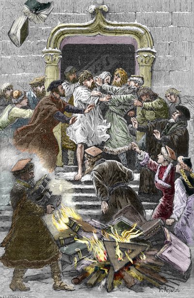 Szocinizmus és kislengyel templom: a krakkóiak a köztéren elégetik Faustus Socinus (Faust Socin vagy Fausto Sozzini) (1539-1604) műveit, kötelezve őt, hogy részt vegyen az 1598-as autodafén (Szocinizmus és lengyel testvérek: a város felgyújtása). alkotó: Pierre Mejanel