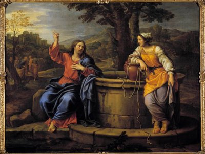 Jézus és a szamaritánus A pihenni ülő Jézus találkozik egy szamaritánussal, aki vizet meríteni jött, és inni kér. Pierre Mignard (1612-1695) festménye, 17. századi Raleigh, Művészeti Múzeum alkotó: Pierre Mignard